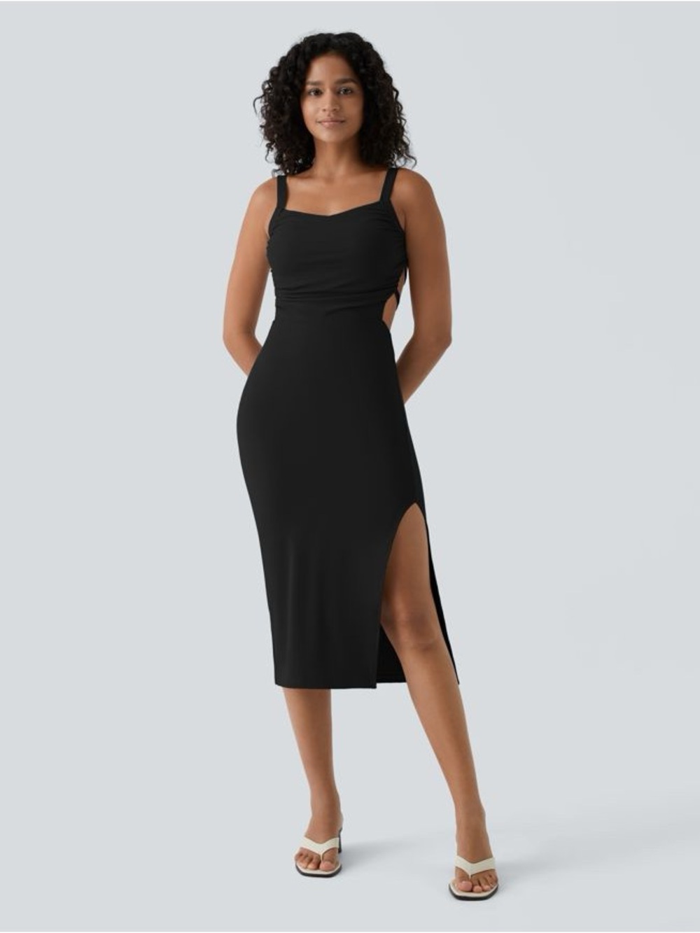 Halara SoftlyZero Airy Ruched Lace Up Bodycon Midi Casual Dress Black Medium NWT - Picture 2 of 9